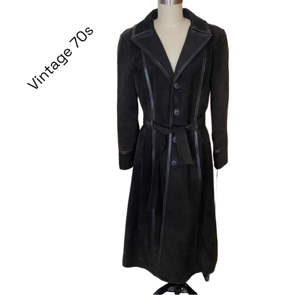Rare Find!Vintage 70s Dark Mocha Brown Real Leather & Suede Belted Long Coat - Picture 4 of 9